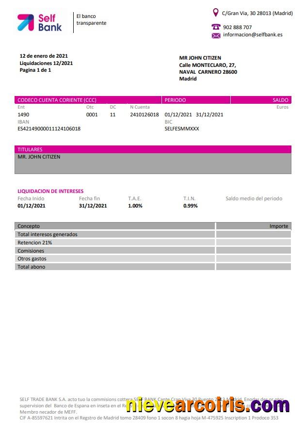 Spain Self Bank proof of address statement in Word and PDF format, .doc and .pdf format